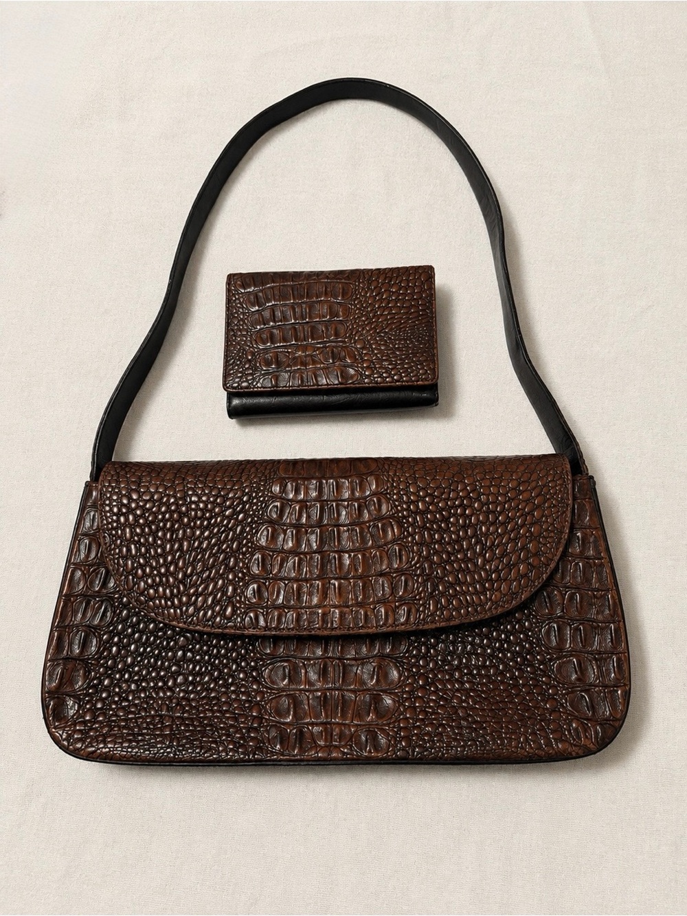 Vintage Brahmin Brown Croc Embossed Leather Shoulder Bag + Wallet - Picture 2 of 9